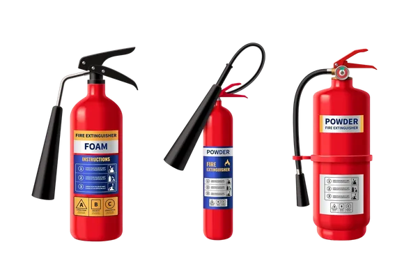 Three types of fire extinguishers: foam, CO2 powder models used across Texas businesses