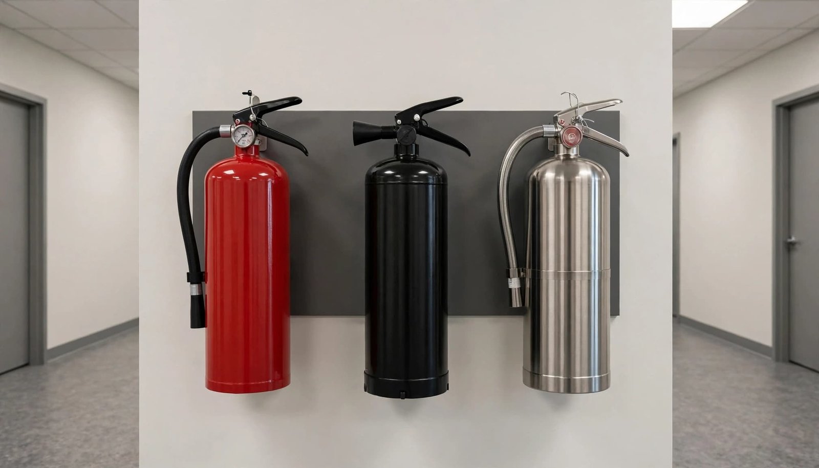 Three different fire extinguishers mounted in a clean workplace corridor