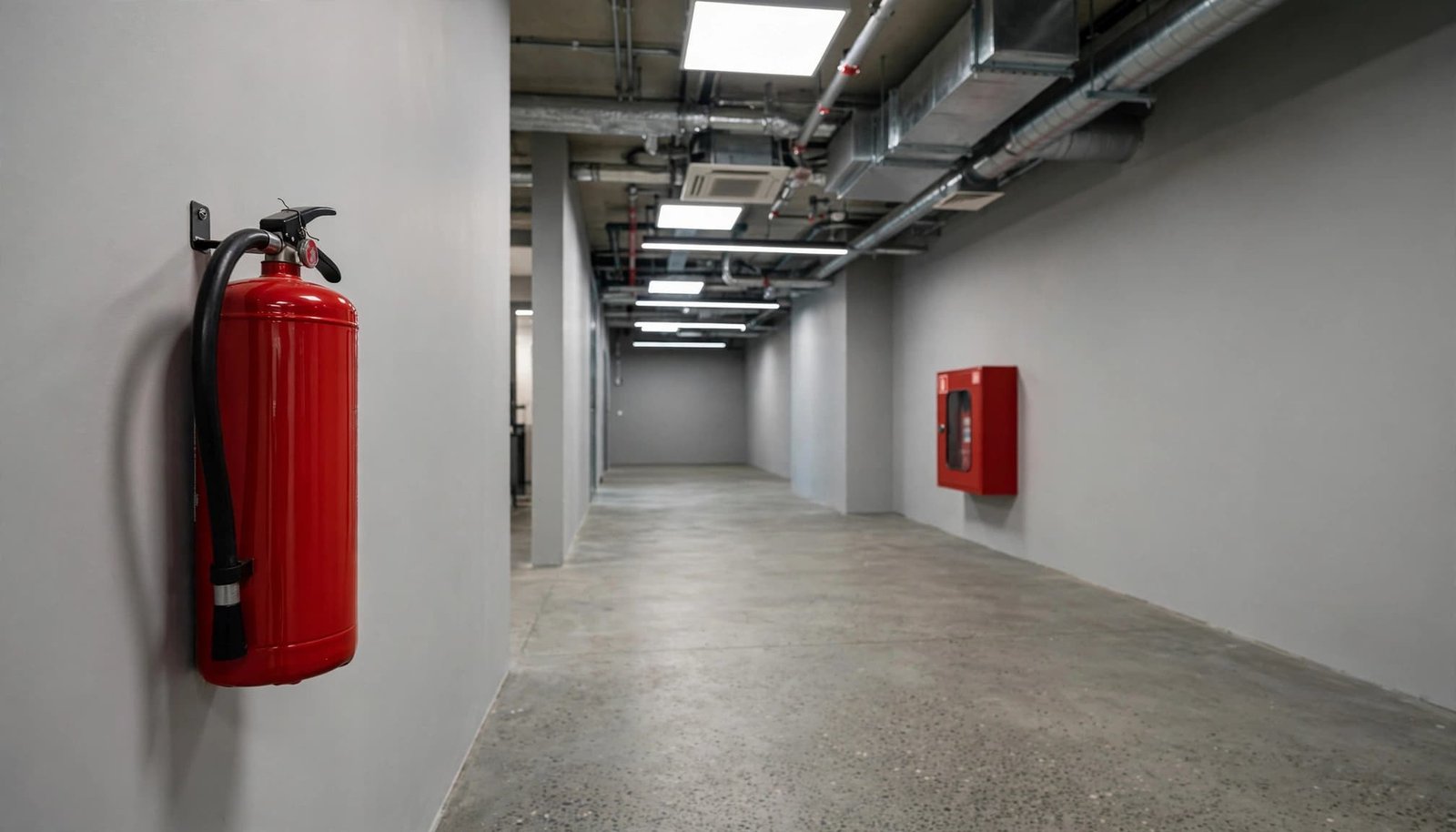 A red fire extinguisher mounted beside a clear business corridor