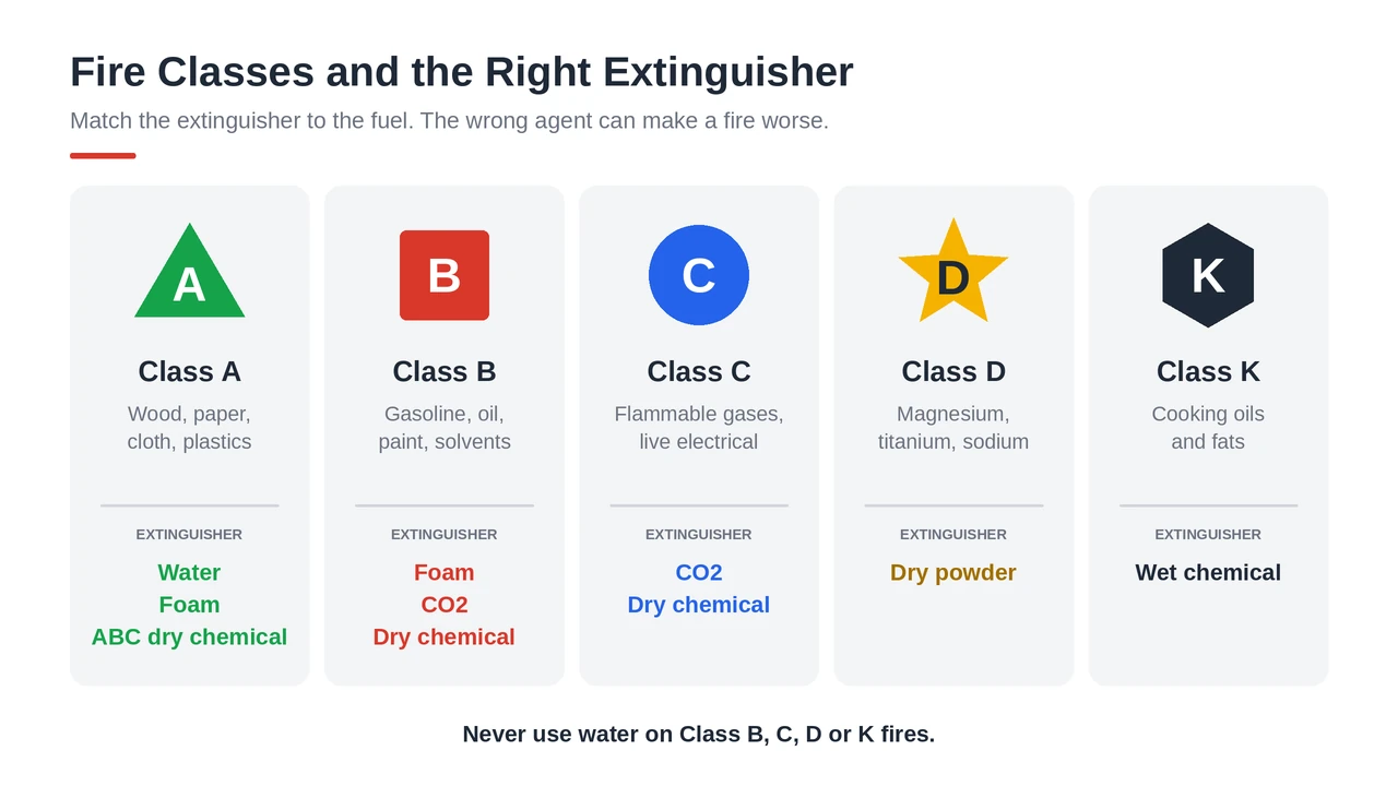 Fire classes chart matching Class A, B, C, D and K fires to the right fire extinguisher type for each fuel.