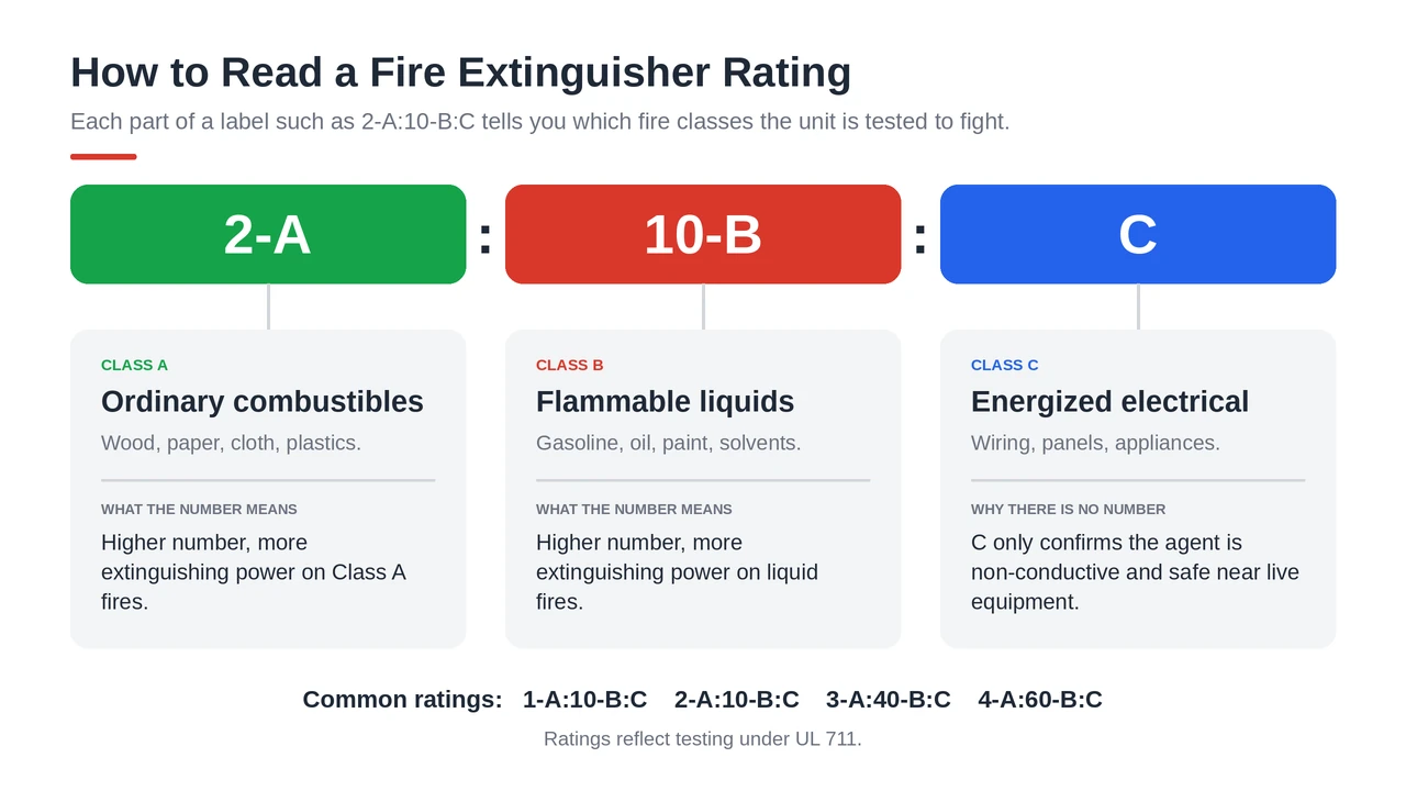 Fire extinguisher rating label explained: how to read 2-A:10-B:C numerical ratings for Class A, B and C fires.
