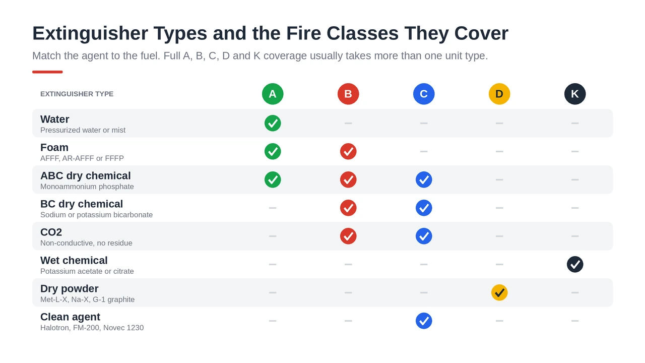 Fire extinguisher types chart showing which agents cover Class A, B, C, D and K fires, from water to dry powder.